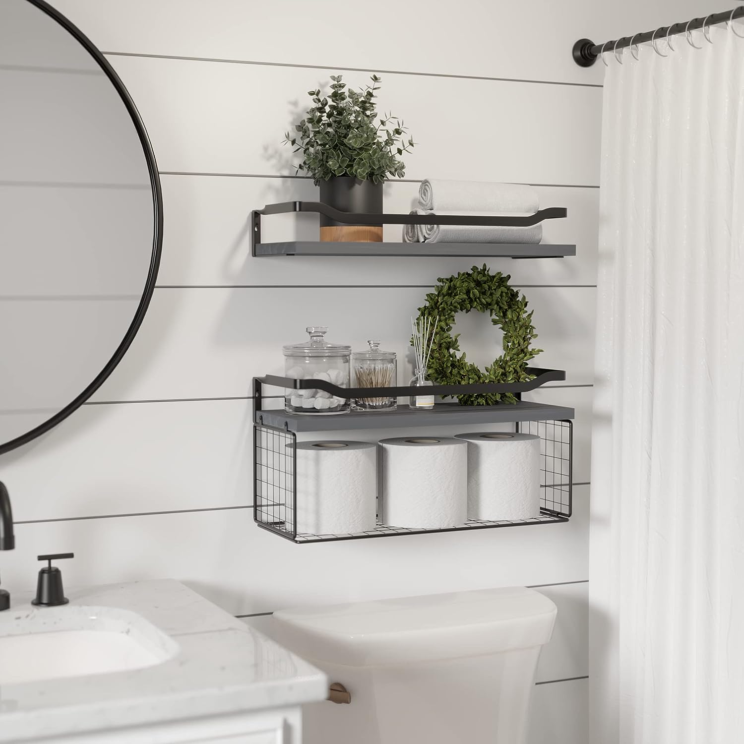 Floating Shelves with Wire Storage Basket, Bathroom Shelves, Wall Shelves Floating Shelves with Wire Storage Basket, Bathroom Shelves, Wall Shelves
